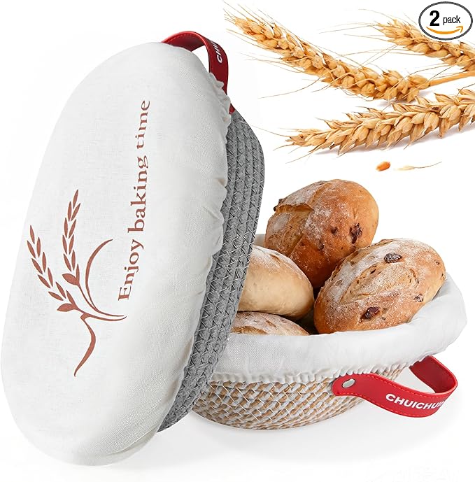 Banneon Bread Proofing Basket Set - Oval & Round Bread Baskets, 9 Inch & 10 Inch, Proofing Baskets for Sourdough Bread Baking, Cotton Rope Sourdough Proofing Basket - With Liner & Cloth Cove