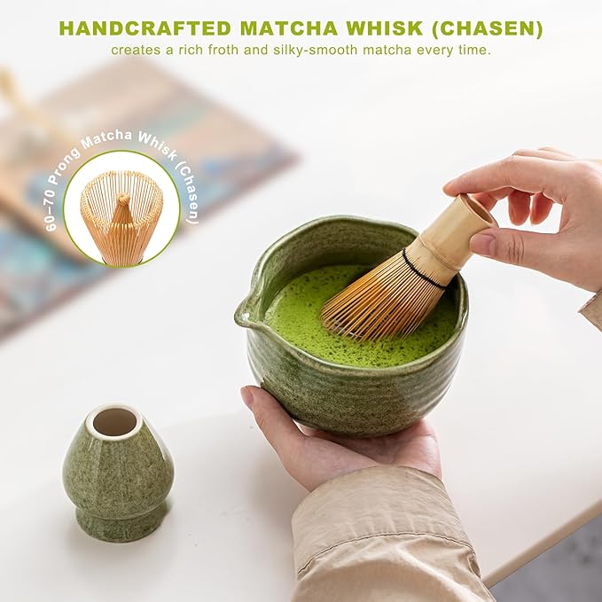 Matcha Set 7-Piece Tea Set with Brush, Bowl, Whisk, Strainer, Chasen, for Matcha Tea Ceremony (Matcha Green)