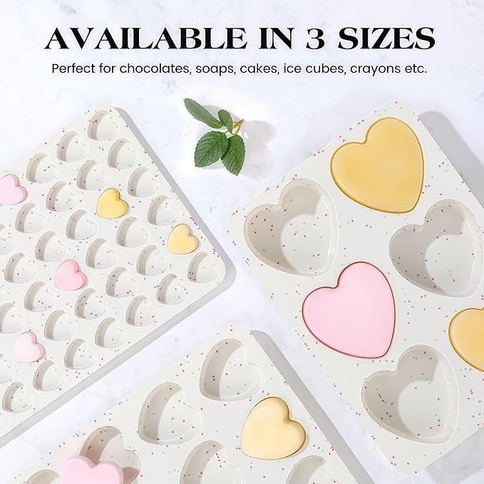2 Inch Small Heart Shaped Silicone Molds for Chocolate, Candy, Cake, Soap (Set of 2, Cream)