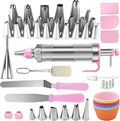 Dessert Decorating Syringe Set, Icing Piping Kit Stainless Steels Cake Decorating Tools 30 Piping Icing Nozzles Cupcake Decorating Kit - Pink