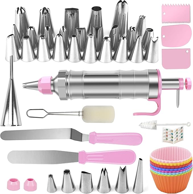 Dessert Decorating Syringe Set, Icing Piping Kit Stainless Steels Cake Decorating Tools 30 Piping Icing Nozzles Cupcake Decorating Kit - Pink