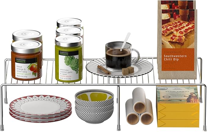 Kitchen Cabinet Expandable Shelf Organizers Set of 2, Adjustable Metal Wire Pantry Storage Shelves, Plate Dish Organizer Rack for Cabinets, Cupboard, Counter, Freezer, Countertop, Chrome