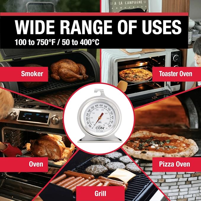CDN High Heat Oven Thermometer | ProAccurate® | NSF Certified | 100-750°F Range | For Broiling, Roasting, High-Temp Cooking | Lab Glass Lens | POT750X
