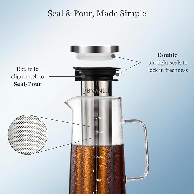 BrewMOO- Airtight Cold Brew Coffee Maker Pitcher, 1.4L/48Oz Thick Glass Carafe with Filter, Comfort Sturdy Handle & Wide Spout, Non-Slip Base | Iced Tea Maker (Black)