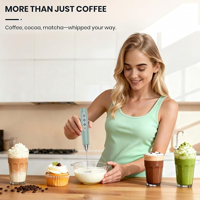 Milk Frother Handheld Rechargeable, Frother Wand Drink Mixer Electric Whisk for Coffee, Detachable With 3 Stainless Whisks, Hand Mixer for Lattes, Cappuccino, Matcha, No Stand, Sage Green