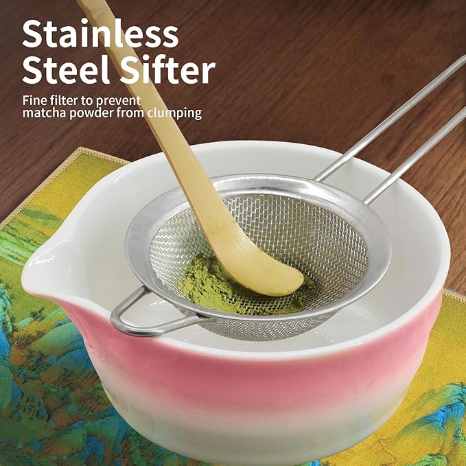 Matcha Whisk Set, 7-Pcs Matcha Set Includes Gradient Ceramic Matcha Bowl and Chasen Holder, Bamboo Whisk, Stainless Sifter, Teaspoon, Tea Towel, Spoon, Matcha Kit for Tea Lovers (Pink)