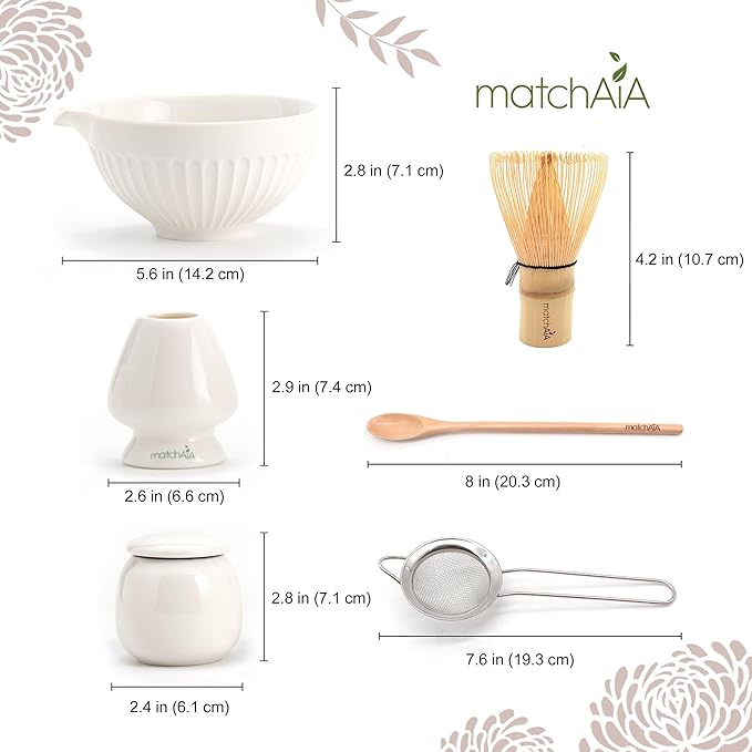 6 Pcs Matcha Set - Ceramic Bowl with Spout, Matcha Whisk with Holder, Tea Powder Canister, Sifter and Spoon, Complete Kit for Traditional Matcha, Modern Lattes, and Tea Ceremonies (White)