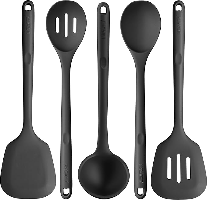 Silicone Kitchen Cooking Utensil Set: U-Taste High Heat Resistant 13.6in Long Kitchen Gadgets, BPA Free Non Stick Rubber Cook Accessories For Stir Frying, Serving, Basting, Mixing (5 Pieces, Black)