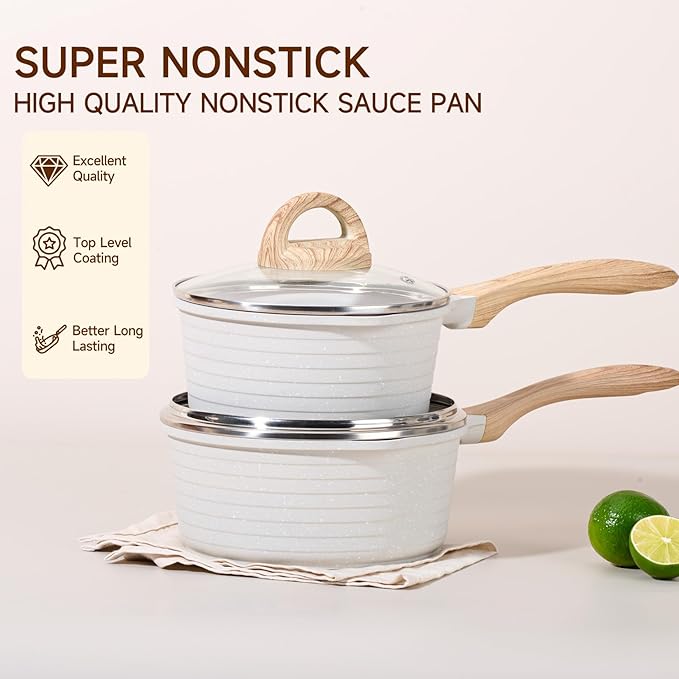 JEETEE 1.5 Quart Saucepan with Lid Nonstick Stone Coating Sauce Pan Milk Pan for Cooking Inudction Pot(Beige)