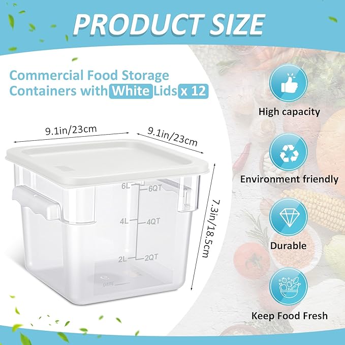 Yungyan 12 Pcs 4 Qt Commercial Food Storage Containers with Lids Restaurant Square Airtight Food Storage Containers Clear Cereal Container for Kitchen Freezer Dishwasher Pantry (White Lid)