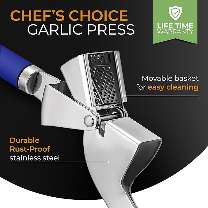 ORBLUE Garlic Press Stainless Steel - Premium Professional Grade Garlic Mincer, Crusher & Peeler Set - Easy Clean, Dishwasher Safe & Rust-proof, Blue