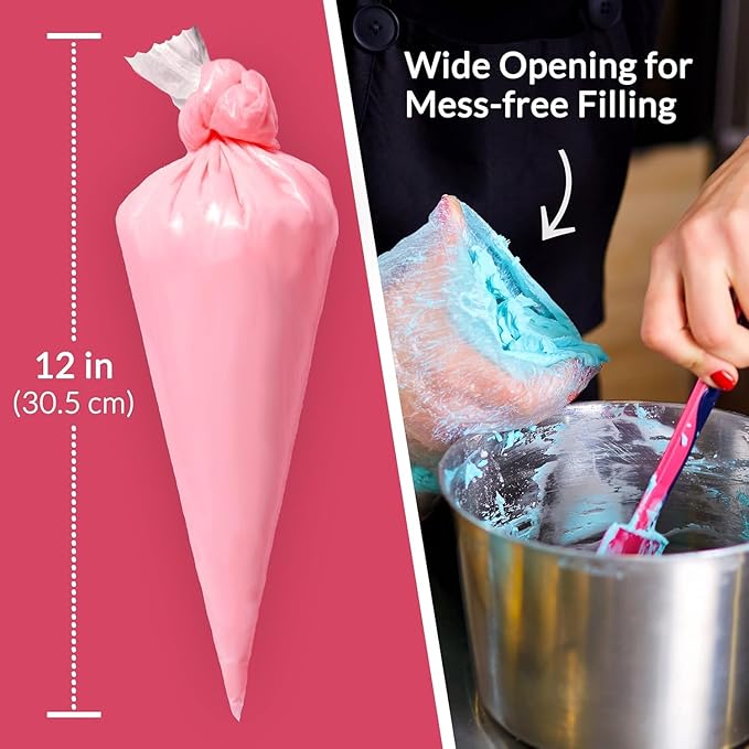 Prestee 100 Anti Burst Disposable 12 Inch Piping Bags - Strong Tipless Icing Bags for Pastry, Cake Decorating and Cookies - Food Safe Clear Frosting Bags for Baking - Cookie Decorating Tool