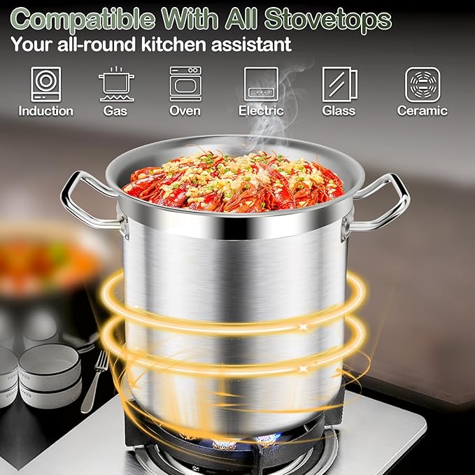 Stockpot, Large Stock Pot, 50 QT Stainless Steel Stockpot with Lid, Stock Pot with Lid – Heavy Duty Cooking Pot for Soup, Commercial Soup Pots, 3-Ply Induction Bottom, Oven Safe