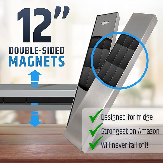 12" Premium Magnetic Knife Holder for Refrigerator (Double-Sided Heavy-Duty Magnets) - Upgraded Strip for Strong Fridge Mount - Clear Up Counter Space - 304 Anti-Rust Stainless Steel (Upgraded Design)