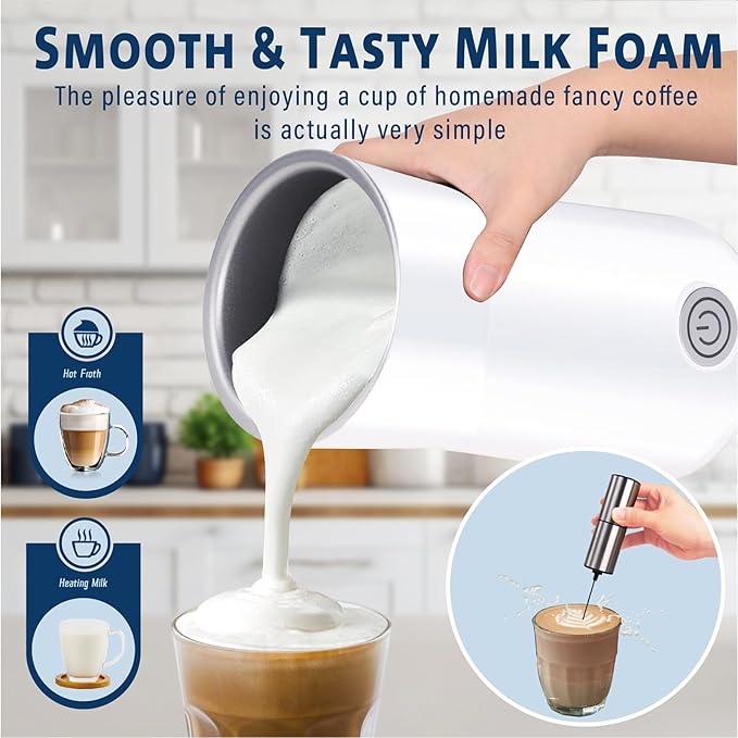 Huogary Milk Forther Simple Milk Frother and Steamer 2-in-1 Milk Steamer with Hot Milk Foam and Hot Milk for Latte, Macchiato, Cappuccinos, White （Medium）