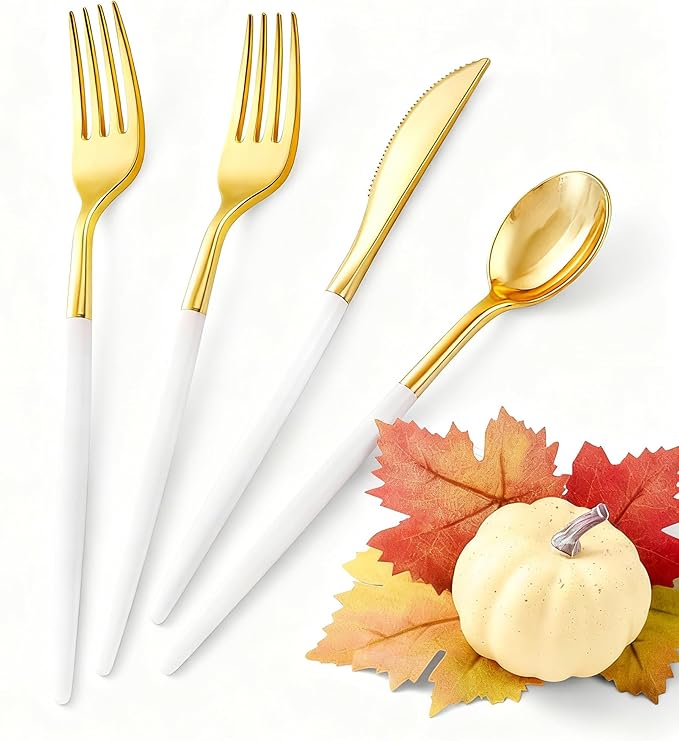 SUT Gold Plastic Silverware, 160Pcs Gold Utensils Set Disposable, 80 Gold Plastic Forks, 40 Gold Knives, 40 Gold Spoons, Gold Plastic Cutlery for Parties, Dinners, Weddings(White Gold)