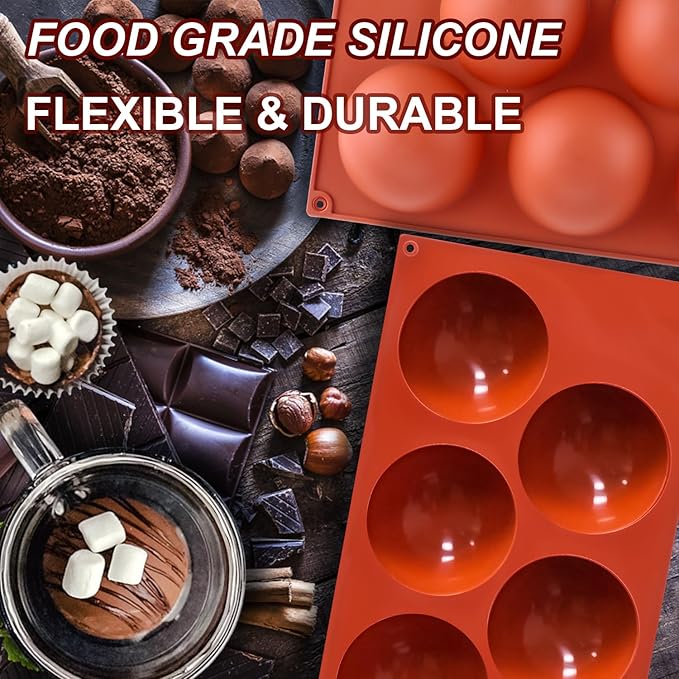3 Pack Extra Large 5-Cavity Semi Sphere Silicone Molds, Half Sphere Baking Mold Non-Stick for Making Big Size Hot Chocolate Bomb, Jelly, Cake, Dome Mousse