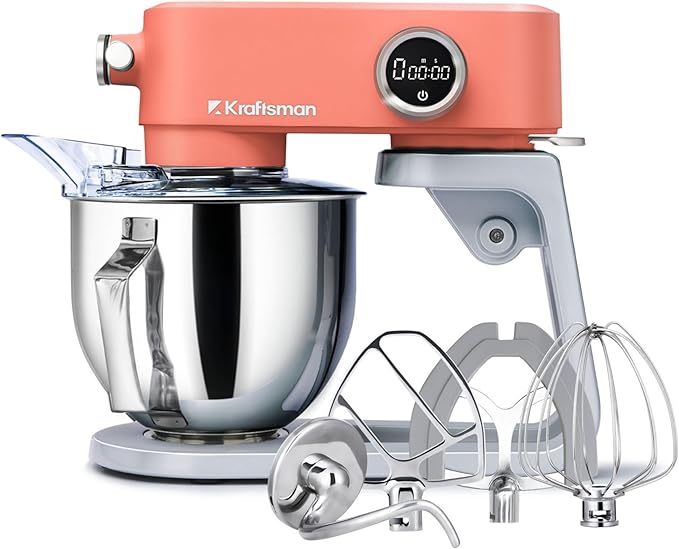 All-Metal Stand Mixer 5.3-Quart - Professional Kitchen Electric Food Mixer with Stainless Steel Mixing Bowl & Attachments for Baking, Dough & Cake, 8-Speed Control & Timer (Orange)