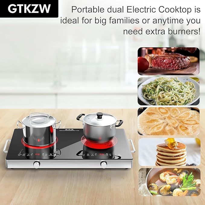 2 Burner Electric Cooktop, 110V 2400W Electric Stove Top, 24 Inch Hot Plate with Knob Control, Kids Lock & Timer, 9 Power Levels, LED Touch Control
