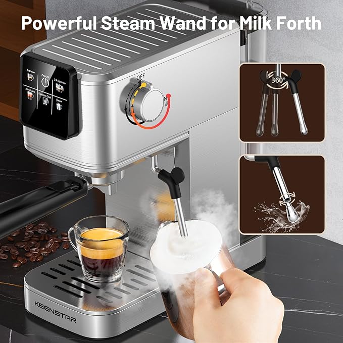 KEENSTAR 20Bar Espresso Machine with Hot & Rapid Cold Brew, Stainless Steel Coffee Makers, Espresso Maker with Milk Frother Steam Wand, Touch Screen with Water Tank for Latte, Cappuccino, Gift
