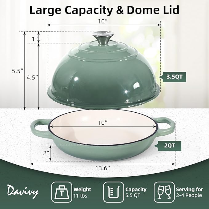 Davivy 5.5QT Cast Iron Sourdough Pan, 10" Round Dutch Oven for Bread, Enameled Cast Iron Dutch Oven for Sourdough Bread, Bread Baking Cloche, with Silicone Baking Mat - Sea Salt Green