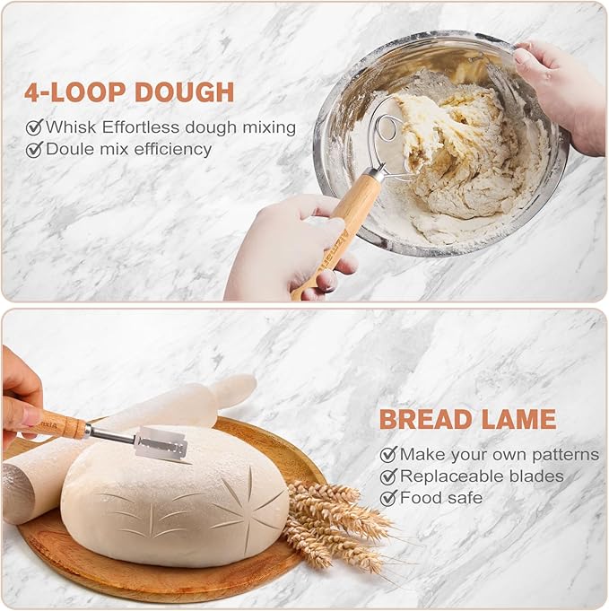 9-Inch Round & 10-Oval Bread Banneton Proofing Basket - Set of 2, Sourdough Baking Supplies with Bread Knife & Silicone Sling