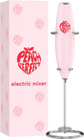 Peach Perfect Milk Frother Handheld, Electric Drink Mixer for Coffee, Lattes, Powdered Supplements, Battery Operated (AA) Stainless Steel Frother Wand, 300W, Easy On/Off Switch, Stand Included, Pink