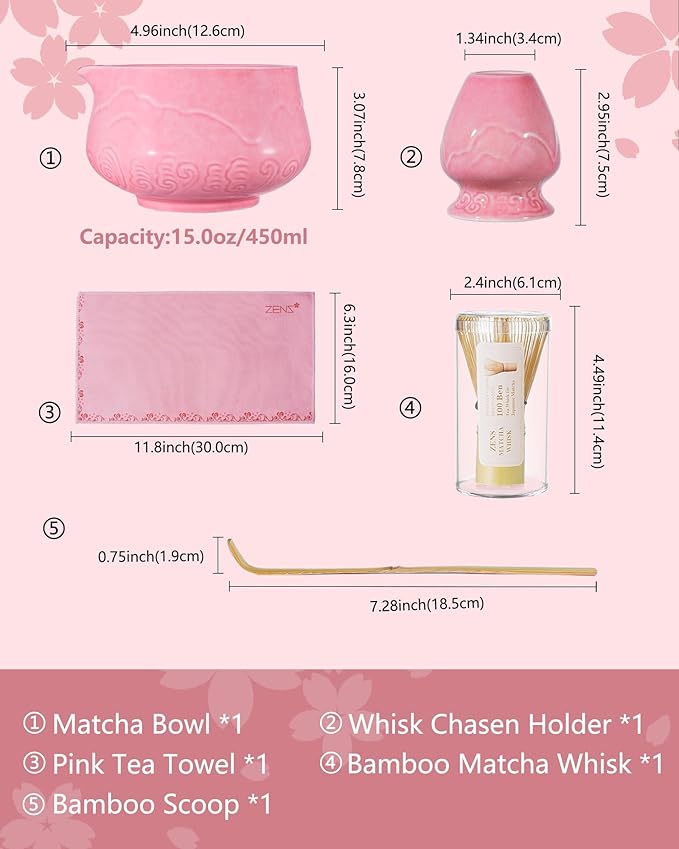 ZENS Pink Matcha Set, Matcha Whisk Set Includes Ceramic Bowl, Matcha Whisk and Chasen Holder, Bamboo Scoop-Tea Towel, 5pcs Matcha Kit Set for Matcha Lovers, Sakura Pink