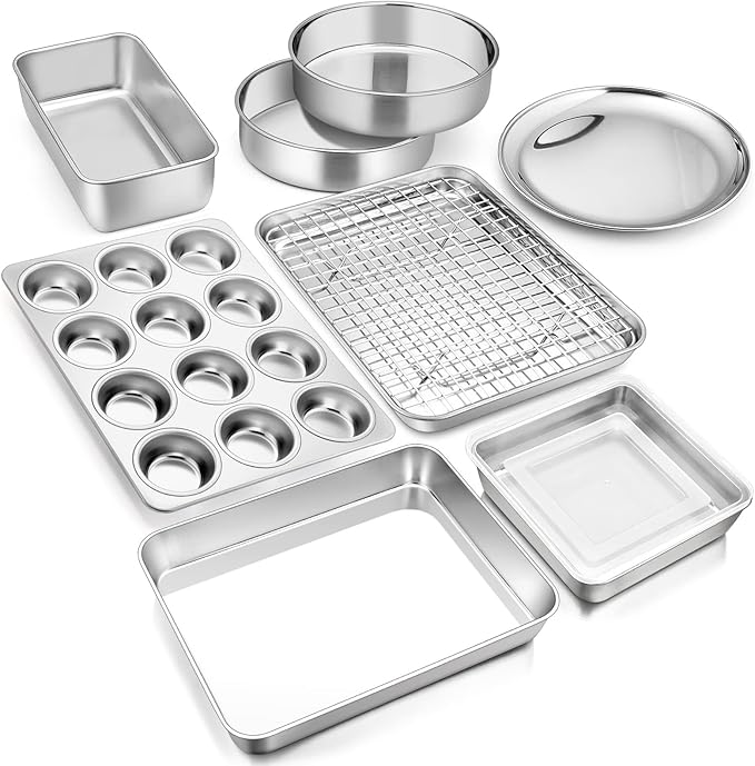 E-far 10-Piece Baking Pans set, Stainless Steel Bakeware Set for Oven, Include Cake Pan/Baking Cookie Sheet/Pizza/Muffin/Loaf Pan, Non-Toxic & Heavy Duty, Dishwasher Safe