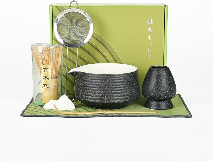 Matcha Whisk Set, Ceramic Matcha Set with Spout, Matcha Bowl Kit with Sifter, Whisk and Holder, Bamboo Scoop, Scoop Rest, Tea Towel, 7 Pcs Matcha Kit Set for Making Breakfast/Latte for Matcha Lovers