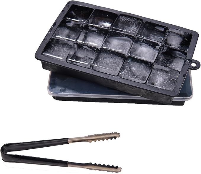 Ice Cube Tray with Lid, Ice Trays for Freezer, 2 Pack 30 Cubes, Silicone Square Ice Molds for Whiskey,Cocktails and Daily Drinks, BPA Free Easy Release, Includes Ice Cube Tongs