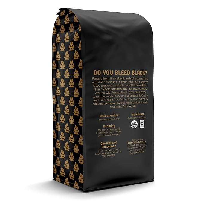 Death Wish Coffee, Valhalla Java Odinforce Blend - Whole Bean Dark Roast - Extra Kick of Caffeine - Arabica & Robusta Coffee Beans - 12 Ounce (Pack of 1)