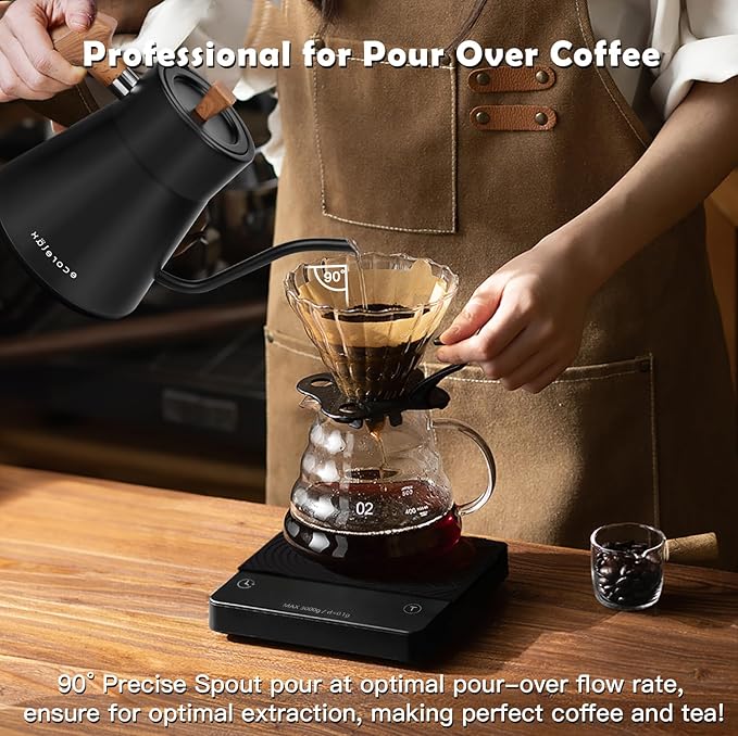 Ecorelax Gooseneck Electric Kettle Precise ±1℉ Temperature Control, 1200W Pour Over Electric Kettle for Coffee & Tea, 100% Stainless Steel Fast Boil & Keep Warm Kettle OLED Display, 1L Matt Black
