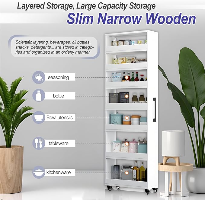 7-Tier Slim Storage Cart, Wooden Rolling Pantry Cabinet with Wheels, Narrow Shelf Organizer for Kitchen, Bakers Rack, Dining Room, Closet, Small Spaces Light Walnut 73.2''H*7.8''W*19.6''D