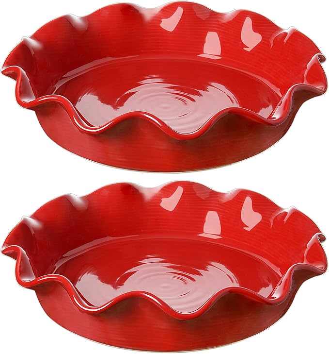 LE TAUCI Ceramic Pie Pans for Baking, 11 Inches Deep Dish Pie Plate for Apple Pie, 48 Ounce Baking Dish with Ruffled Edge, Set of 2, Red
