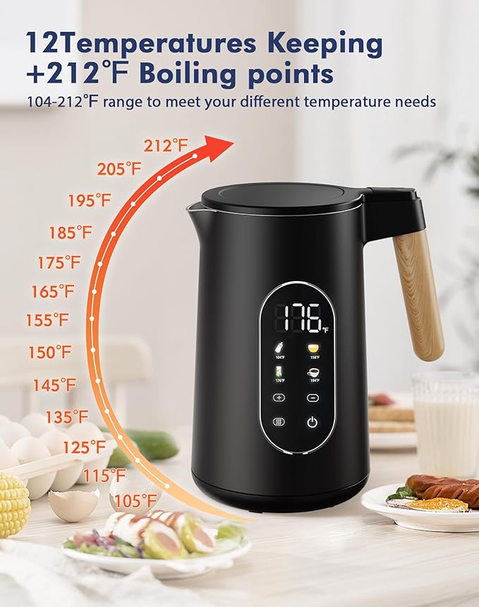Electric Kettle 1500W Rapid Boil, 1.7L (1.8 Qt) 304 Stainless Steel, BPA-Free | 4 Temperature Presets for Baby Milk, Coffee, Tea | 2-Hour Keep Warm, Cool Touch Exterior