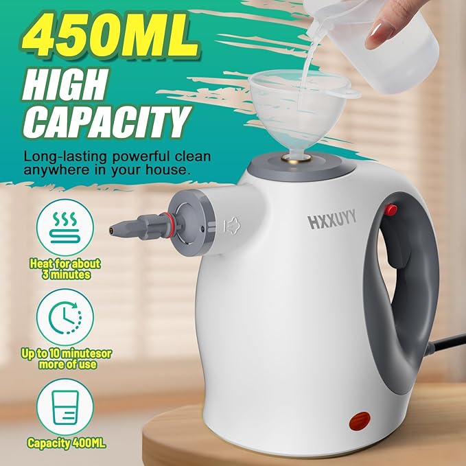 Multi-Surface Handheld Pressurized Steam Cleaner with 13 PCS Accessory ，Portable Steamer for Cleaning, Multipurpose Steam Cleaner for Home/Car/Bathroom/Grease/Upholstery/Floor/Grout and More (White)