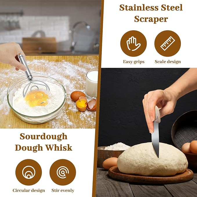 Windspeed Sourdough Bread Baking Supplies Kit of 15, Sourdough Starter Kit Include 10 and 8 Inch Bread Proofing Basket Dough Scraper Dough Starter Jar Linen Bag dough Whisk and Others