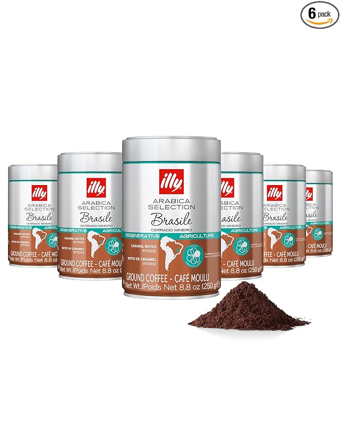 Illy Ground Espresso Coffee, Brasile Cerrado Mineiro Medium Roast - Notes of Caramel and Dried Fruit -100% Arabica-Pre-Ground for Espresso-Pressurized Packaging Sealed for Freshness - 8.8oz(Pack of 6)