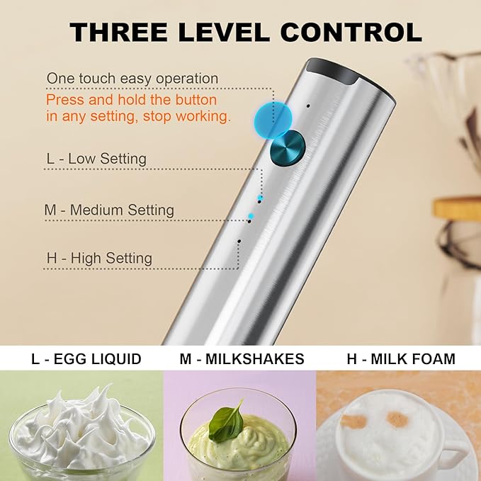 Rechargeable Milk Frother with Stand, 3 Speeds Drink Mixer Handheld with 2 Heads, Electric Frother Wand for Coffee, Latte, Cappuccino, Hot Chocolate, Matcha and Egg Mini Frother, Silver
