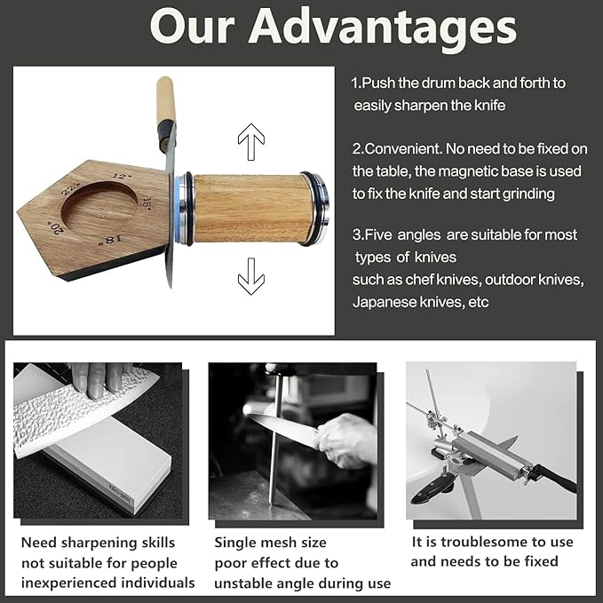 Acacia Rolling Knife Sharpener with 4 Diamond discs and 2 Corundum discs, Rolling Knife Sharpener Kit with 5 Magnetic Angle Offer 12/15/18/20/22°