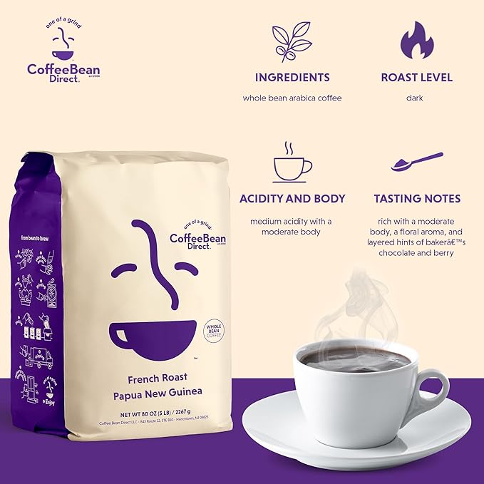 Coffee Bean Direct French Roast Papua New Guinea, Whole Bean Coffee, Arabica Coffee, Dark Roast, 5 Pound Bag (Pack of 1)