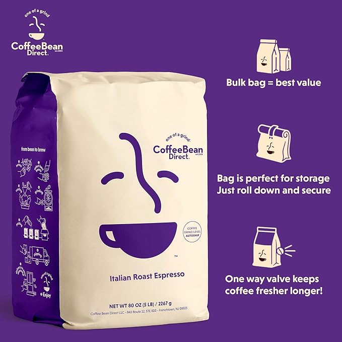 Coffee Bean Direct Italian Roast Espresso, Ground Coffee, Dark Roast, 5 Pound Bag (Pack of 1)