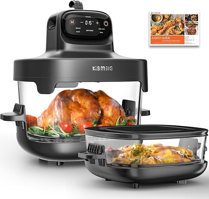 Kismile 5-in-1 Portable Glass Air Fryer, 2.6QT & 4.7QT Dual Glass Containers with Lids, 85% Less Oil, Compact Smart Air Fryer Oven for Deep Roast, Crisp, Keep Warm – Freezer & Dishwasher Safe
