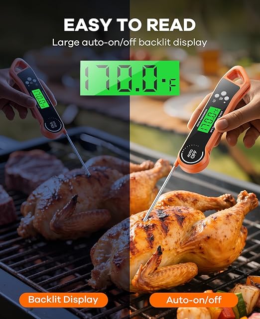 Meat Thermometer Digital, Instant Read Thermometer with Backlight, Calibration & Hold Function, Waterproof Food Thermometer for Kitchen and Outside, BBQ, Turkey, Candy, Liquids, Beef (Orange)
