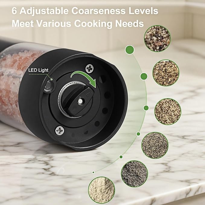 2Pack Electric Salt and Pepper Grinder Set with Power Display, USB Rechargeable Automatic Salt & Pepper Mills, Adjustable Coarseness, 120ml Larger Capacity with LED Light (Black Set)