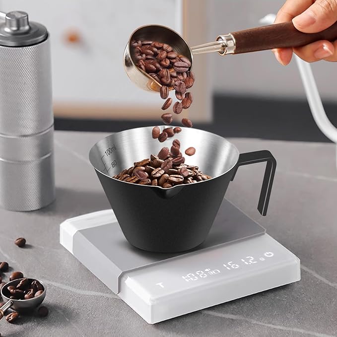 1Pc Stainless Steel Espresso Cups, Double Spout Metal Measuring Cup with Dual Scale, Espresso Shots Cup with Handle, Coffee Bean Weighing (White), 3.4oz/100ml