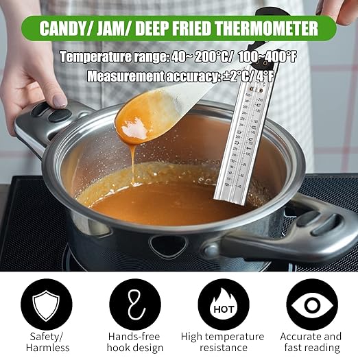 New Candy Thermometer with Pot Clip, Stainless Steel Cooking Thermometer Deep Fry Oil Kitchen Cooking Thermometer with Hanging Hook for Food, Candy Thermometer for Candy Making