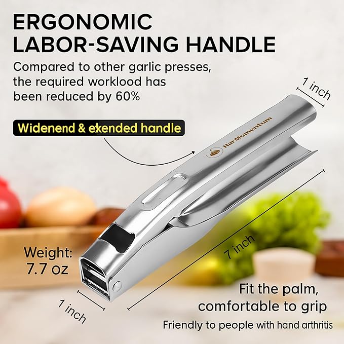 Garlic Press Stainless Steel - No Need to Peel Garlic Mincer & Crusher - 304 Inox, 7.34 Oz, Large Trough - Ergonomic Handle, Easy to Clean, Dishwasher Safe (2 Years Warranty)