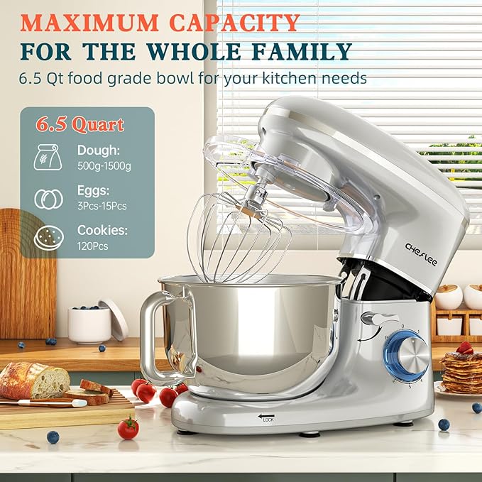 CHeflee Stand Mixer,660W 6+P With 6.5QT Stainless Steel Bowl,Dough Hook, Wire Whip & Beater,for Most Home Cooks,Silver